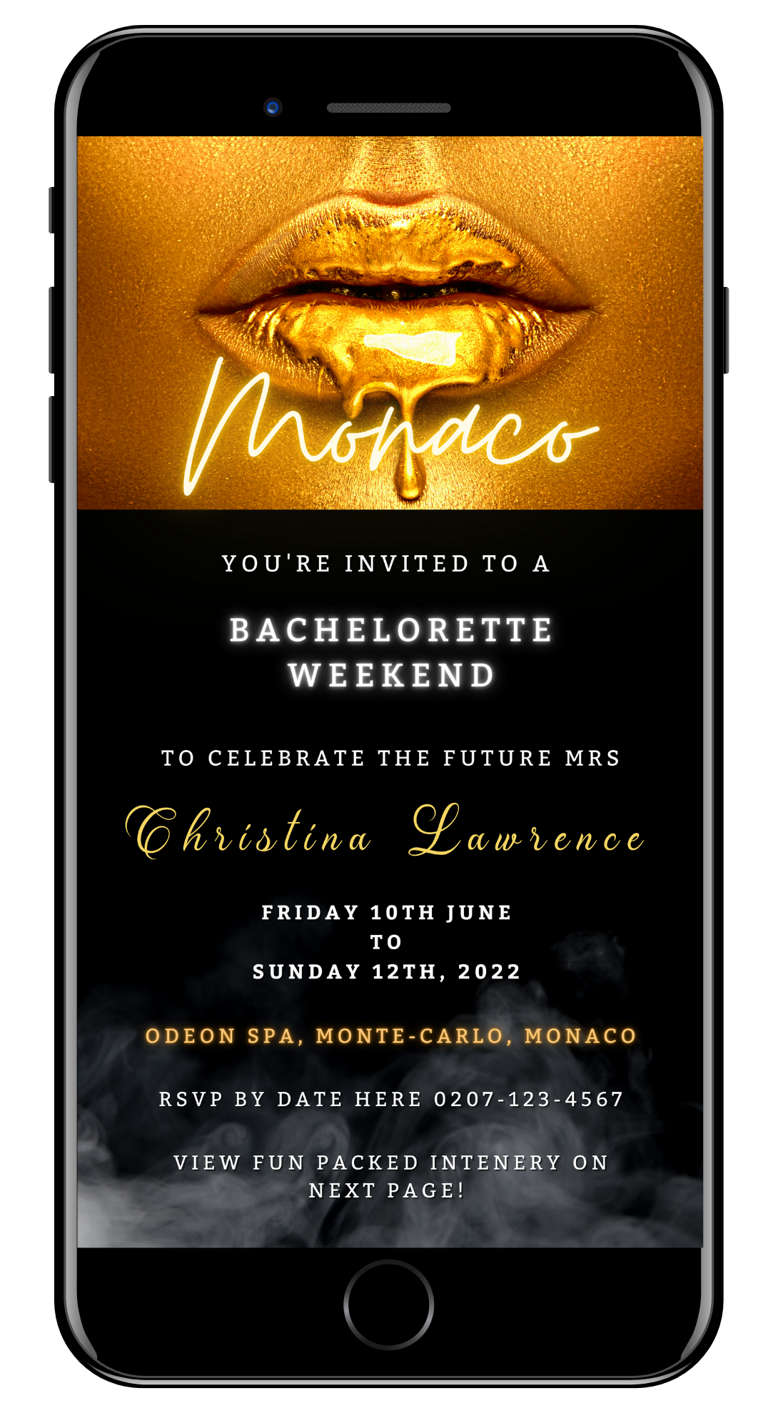 Customizable digital invitation featuring gold lips and elegant black background text for a Bachelorette Weekend Party. Editable via Canva for easy personalization and electronic sharing.