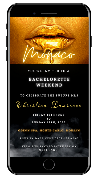 Customizable digital invitation featuring gold lips and elegant black background text for a Bachelorette Weekend Party. Editable via Canva for easy personalization and electronic sharing.