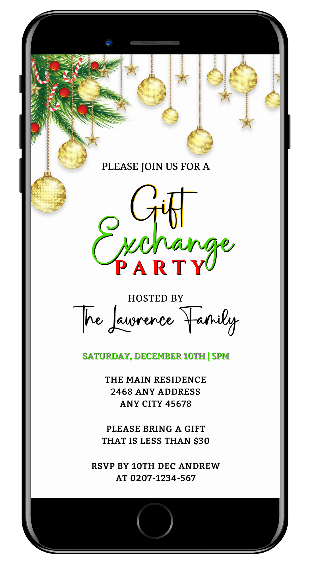 Cell phone screen displaying a customizable digital Christmas Party Evite with white, gold, and red ornaments, editable via Canva.