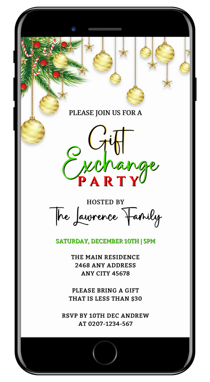 Cell phone screen displaying a customizable digital Christmas Party Evite with white, gold, and red ornaments, editable via Canva.