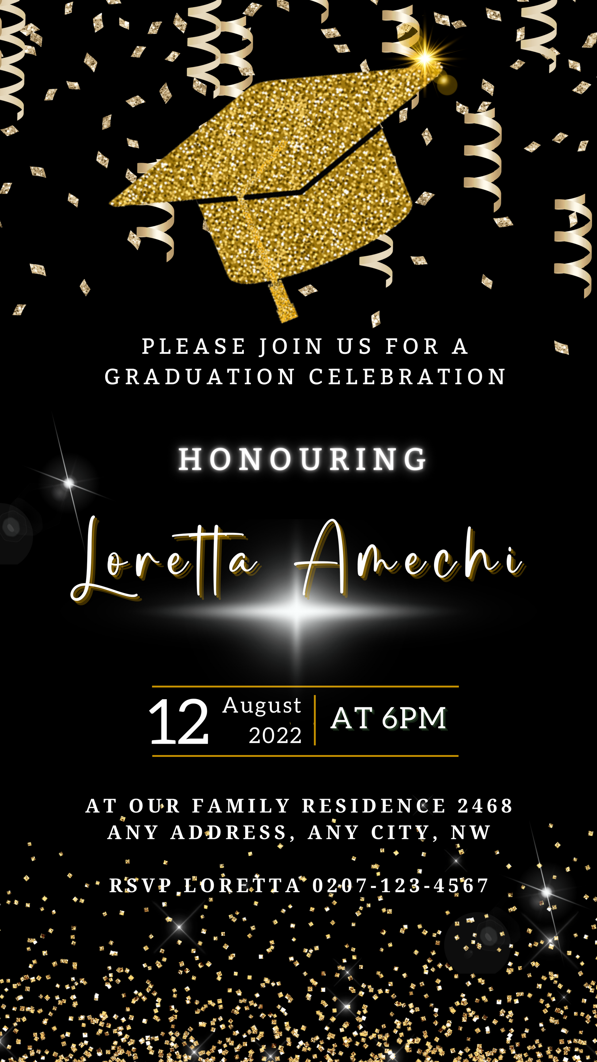 Black & Gold Graduation Invitation featuring a glittering cap and confetti, emphasizing elegance and customization for celebrating academic achievements.