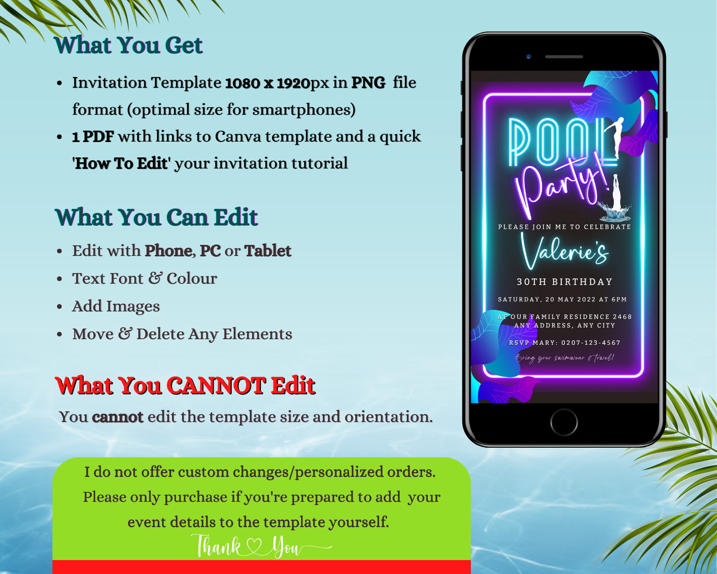 Neon Pool Party Digital Invite displayed on a smartphone screen, customizable via Canva for easy event personalization and electronic sharing.