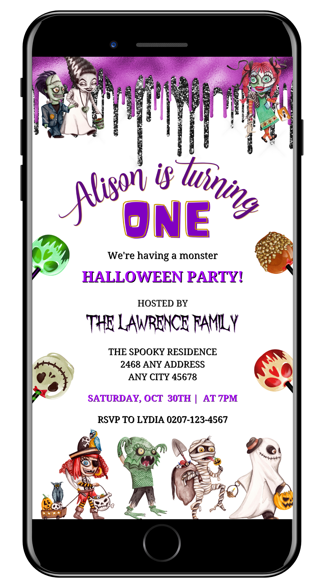 Gang of Monsters White Purple | Children's Halloween Party Evite shows cartoon monsters on a customizable digital invitation template.