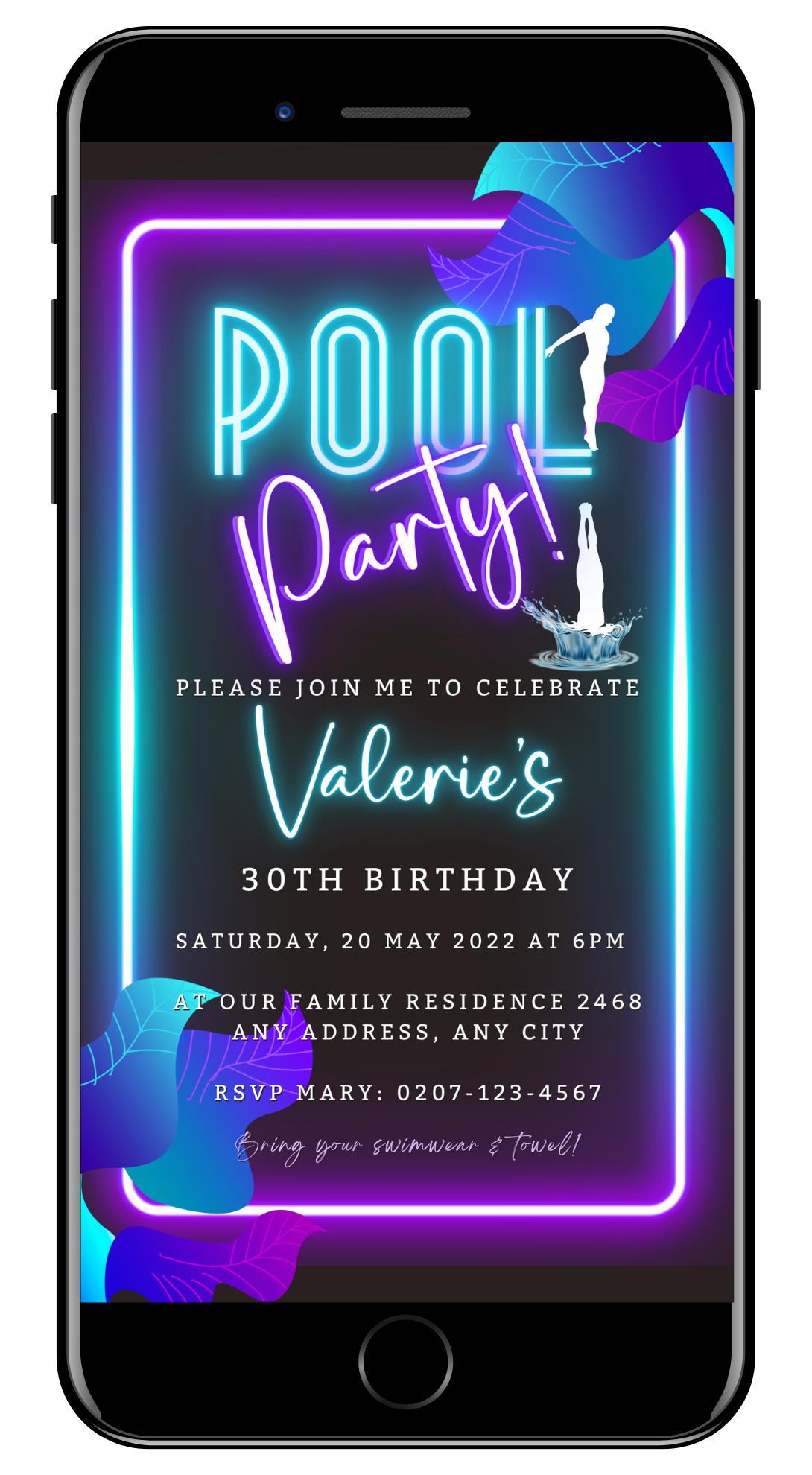 Neon Pool Party Digital Invite displayed on a smartphone screen, featuring customizable neon sign elements for an eco-friendly, DIY digital invitation template.