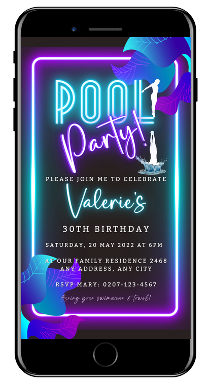 Neon Pool Party Digital Invite displayed on a smartphone screen, featuring customizable neon sign elements for an eco-friendly, DIY digital invitation template.