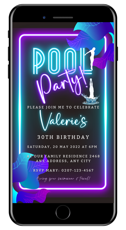 Neon Pool Party Digital Invite displayed on a smartphone screen, featuring customizable neon sign elements for an eco-friendly, DIY digital invitation template.