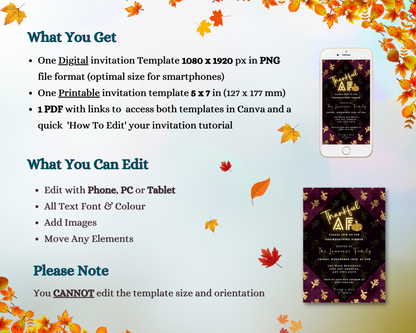 Maroon Gold Falling Leaves | Thankful AF Thanksgiving Evite displayed on a smartphone screen, showcasing customizable invitation template options.
