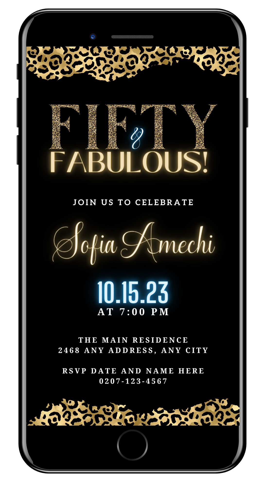 Elegant Gold Neon Black Leopard | Fifty & Fabulous Party Evite featuring customizable gold text on a black background with leopard print accents, designed for digital invitations.
