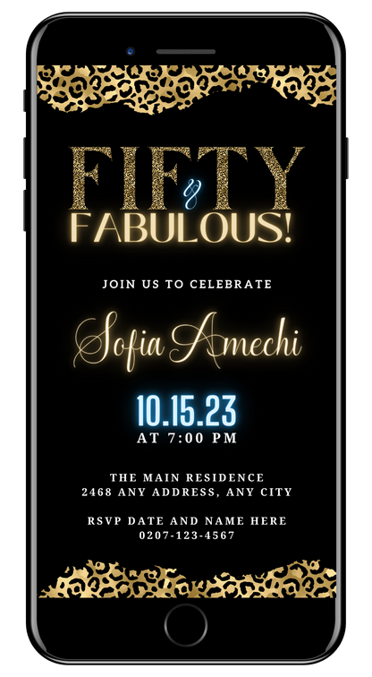 Elegant Gold Neon Black Leopard | Fifty & Fabulous Party Evite featuring customizable gold text on a black background with leopard print accents, designed for digital invitations.
