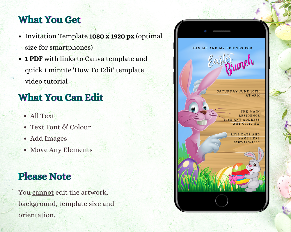 Editable Pink Easter Bunny & Friends Evite displayed on a smartphone screen, featuring a cartoon rabbit with an Easter egg, ideal for Easter Brunch BBQ invitations.