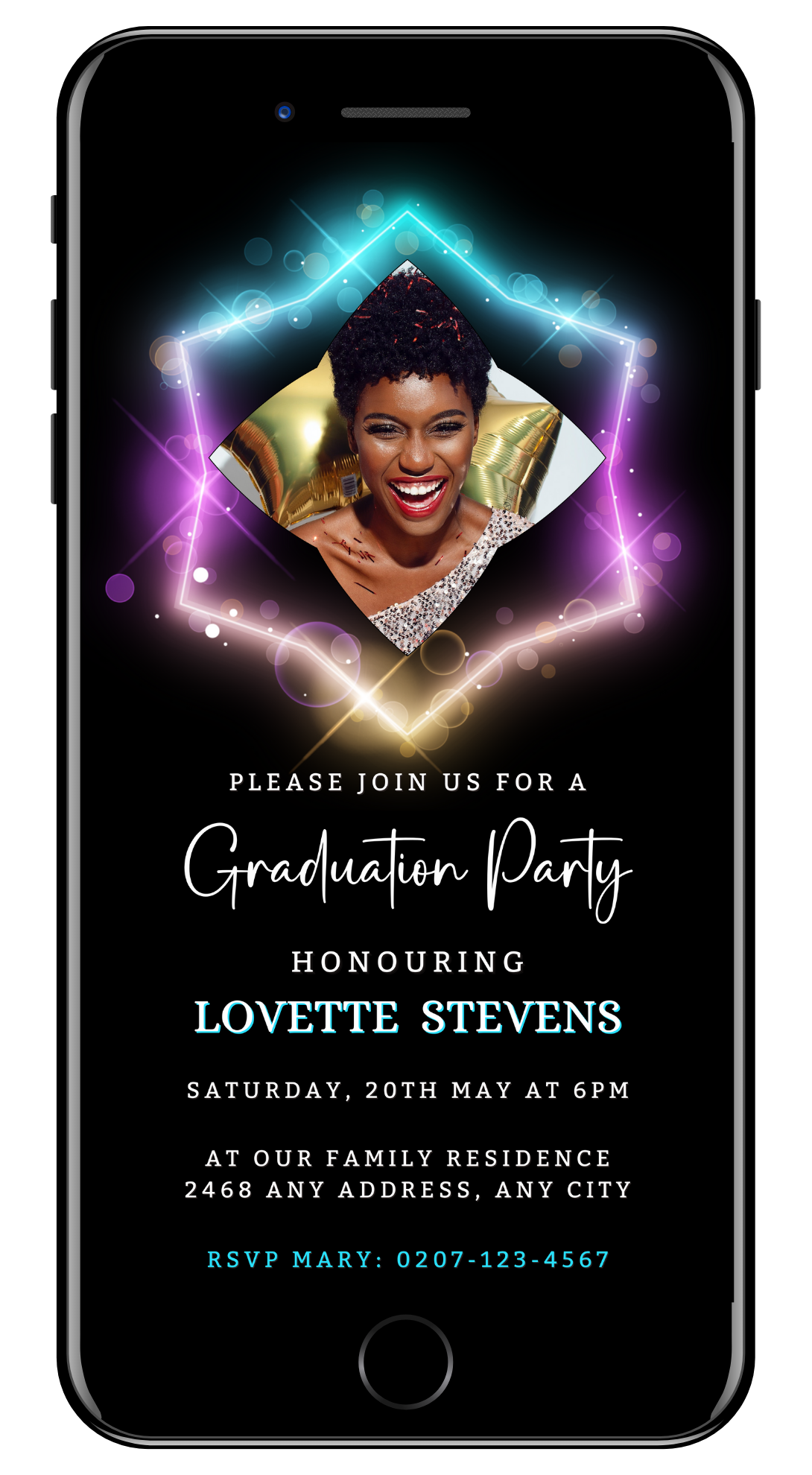 Neon Diamond Frame Graduation Party Invitation featuring a woman's smiling face, customizable with Canva for a stylish black and gold-themed celebration.