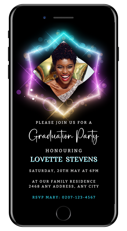 Neon Diamond Frame Graduation Party Invitation featuring a woman's smiling face, customizable with Canva for a stylish black and gold-themed celebration.