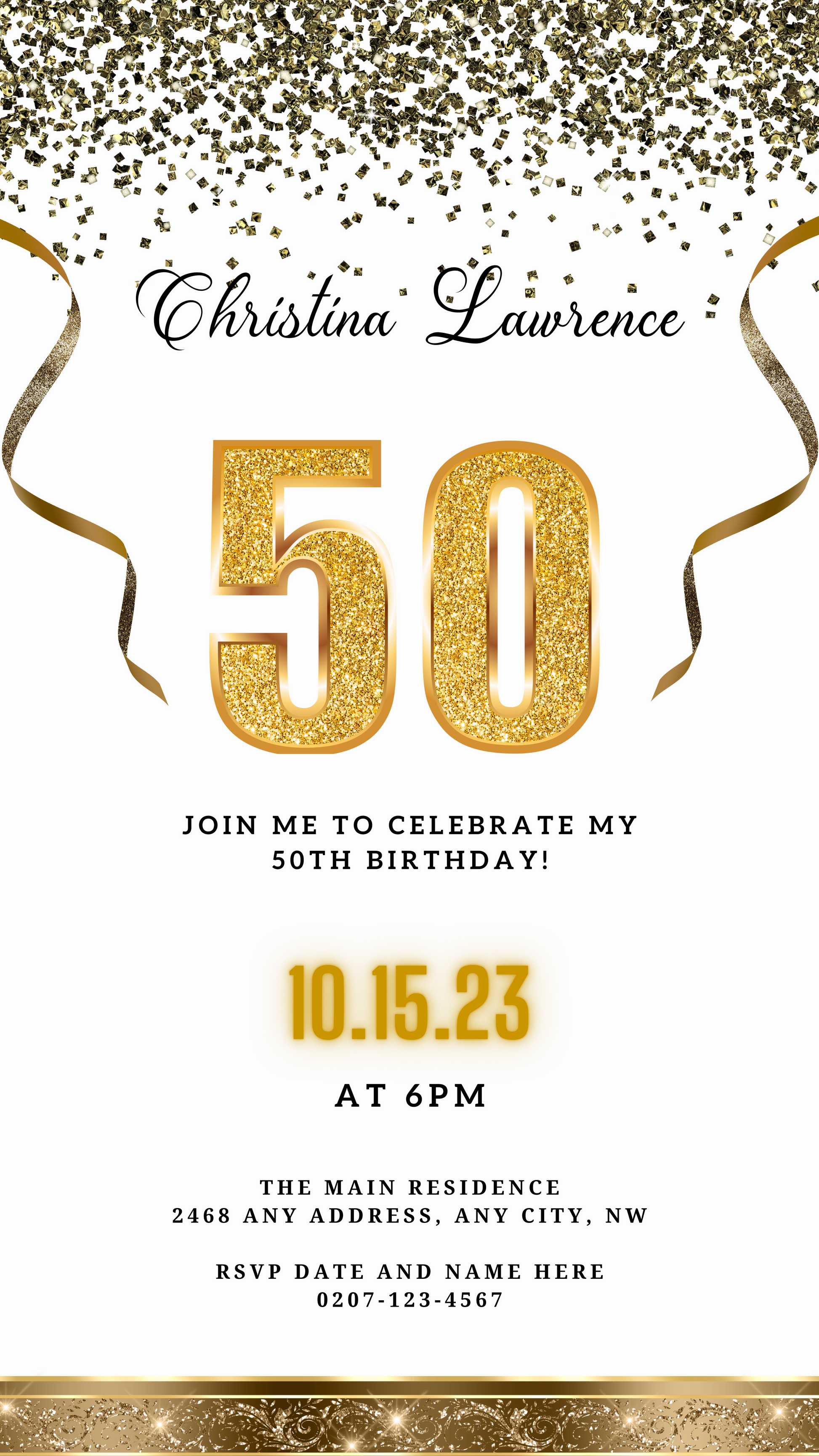Customizable Digital White Gold Confetti 50th Birthday Evite featuring gold numbers and glittery ribbons on a white background. Download and edit via Canva for easy sharing.