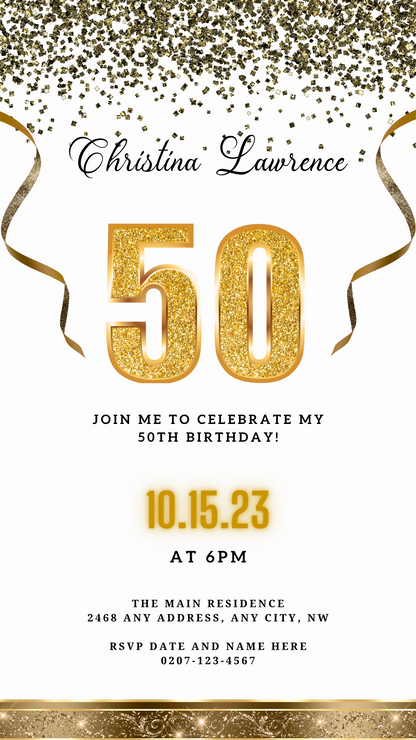 Customizable Digital White Gold Confetti 50th Birthday Evite featuring gold numbers and glittery ribbons on a white background. Download and edit via Canva for easy sharing.