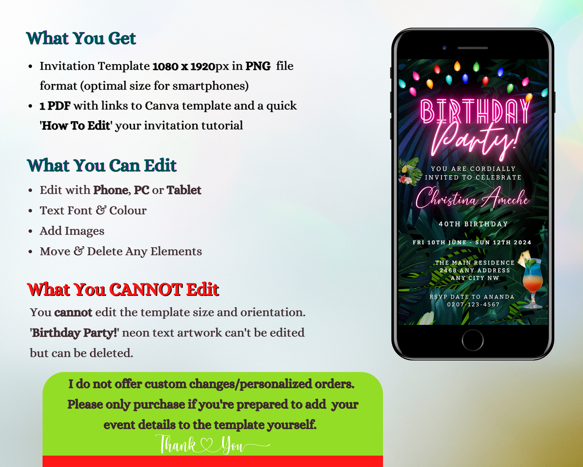 Customisable Digital Colourful Neon Pink Tropical Birthday Party Evite displayed on a smartphone screen, showcasing editable text and vibrant design elements.