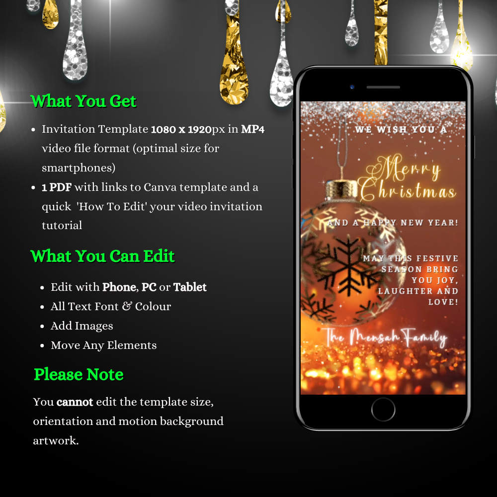 Gold Ball Glitter Christmas Video Ecard on smartphone screen, ready for customization with Canva, featuring festive ornament and editable text for digital invitations.