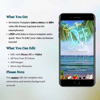 Smartphone displaying a customizable tropical fruit beach destination Save The Date video invitation template.