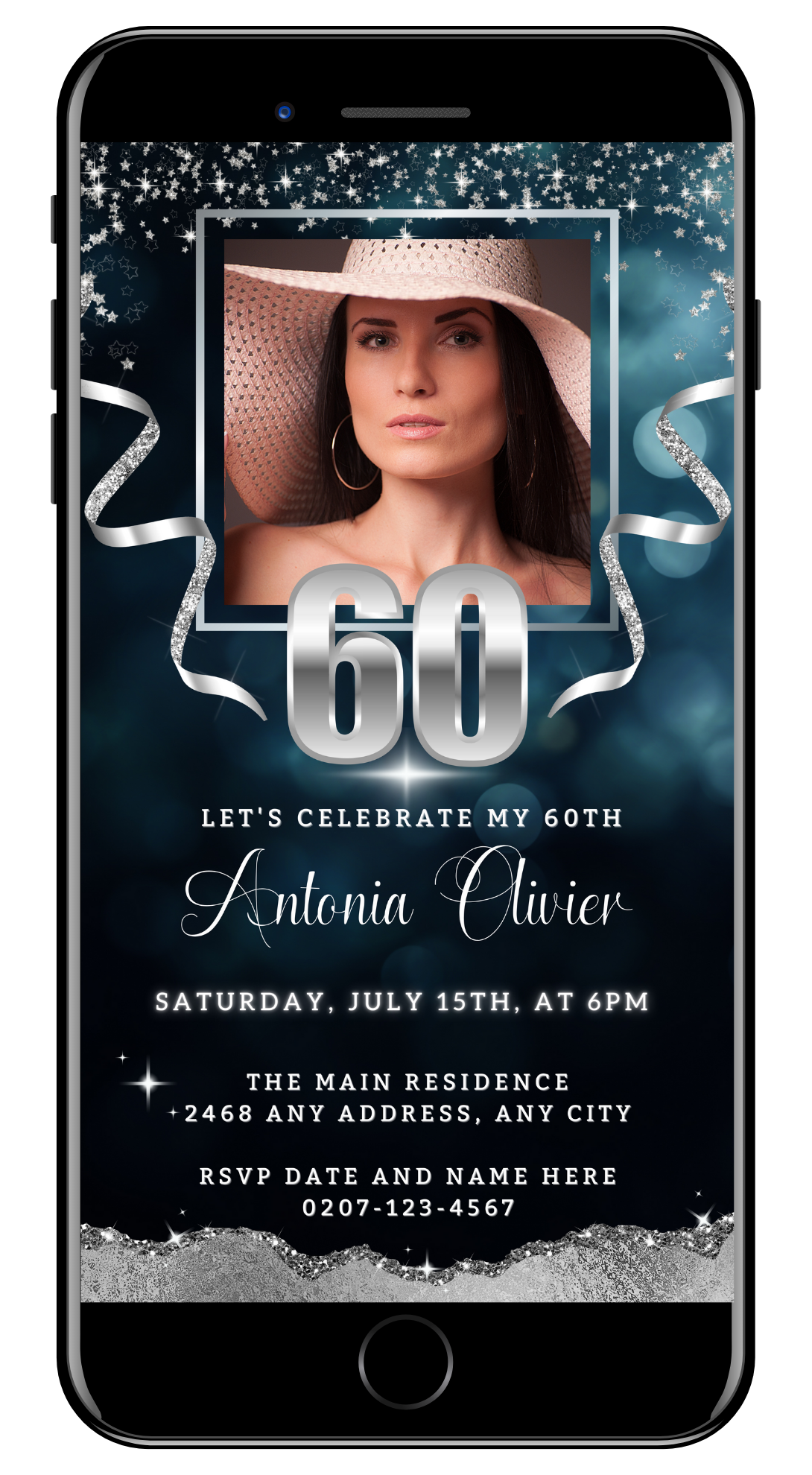 Customisable digital Navy Silver Glitter 60th Birthday Evite screenshot featuring a woman wearing a hat, viewable and editable via smartphones.