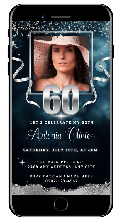 Customisable digital Navy Silver Glitter 60th Birthday Evite screenshot featuring a woman wearing a hat, viewable and editable via smartphones.