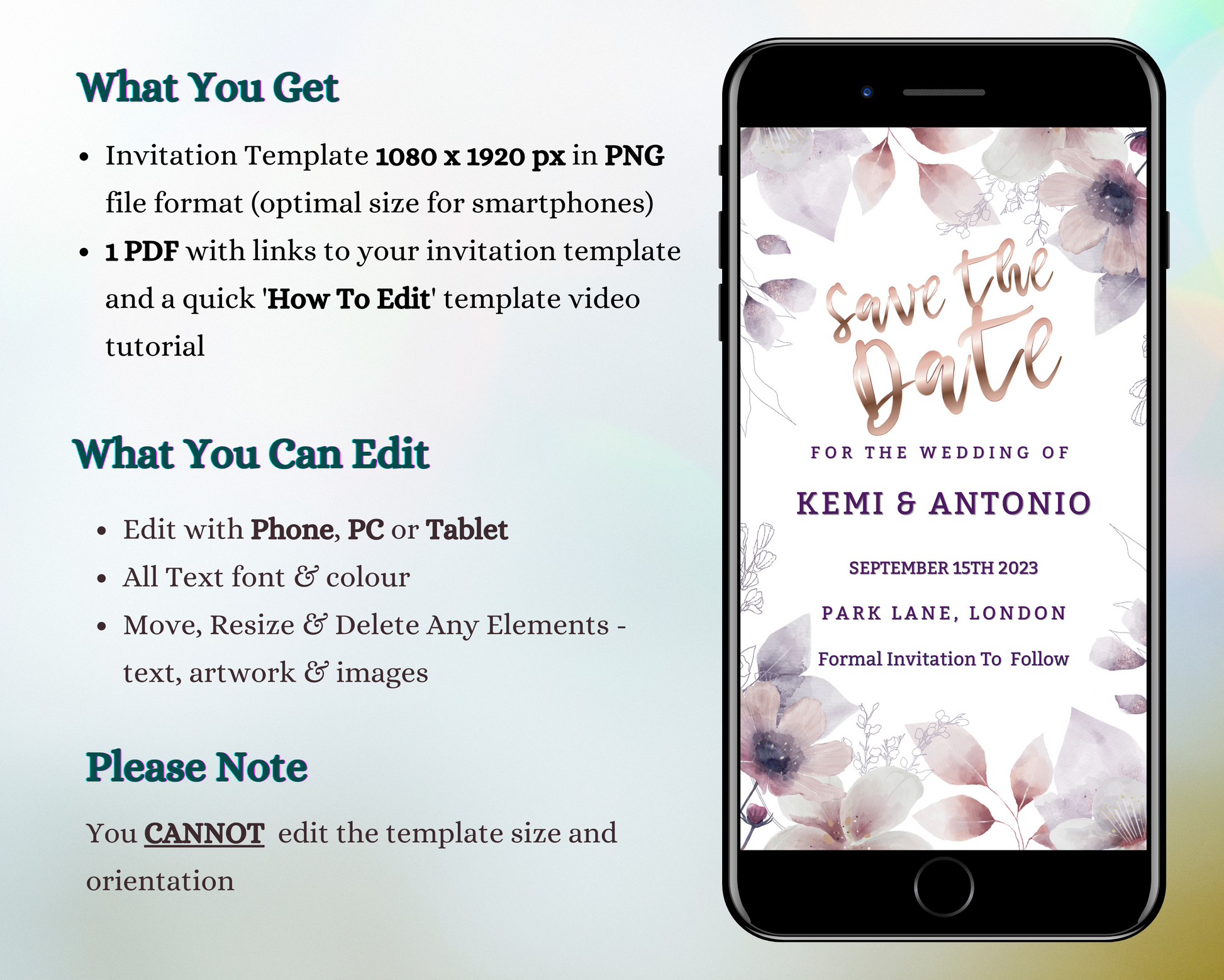 Boho Rustic Floral Save The Date Evite on a smartphone screen, customizable using Canva for digital invitations.