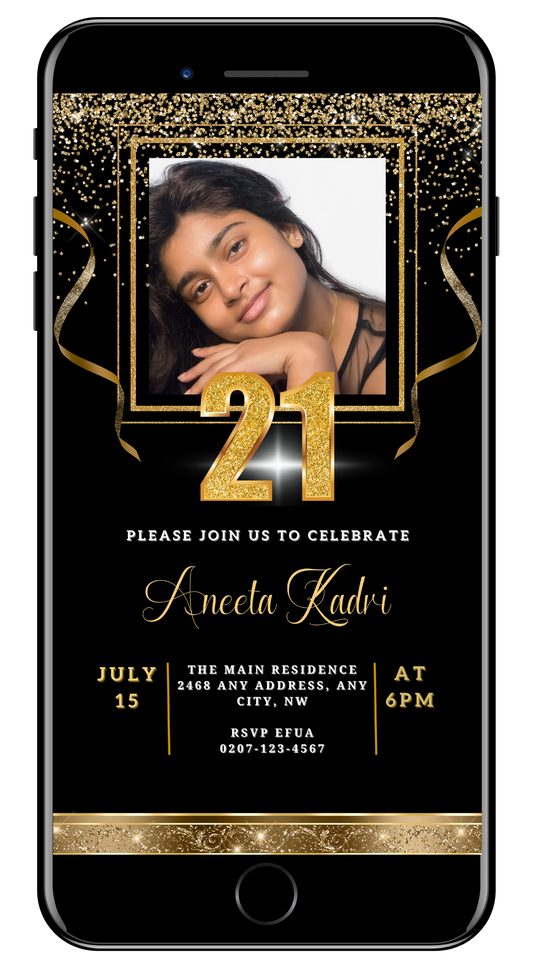 Black Gold Confetti Photo 21st Birthday Evite featuring a smiling girl, customizable via Canva for digital sharing.