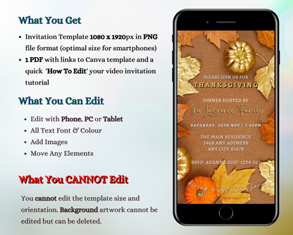Beige Gold Leaves Pumpkin Thanksgiving Evite template displayed on a smartphone screen, featuring gold leaves and pumpkins, editable via Canva for digital invitations.