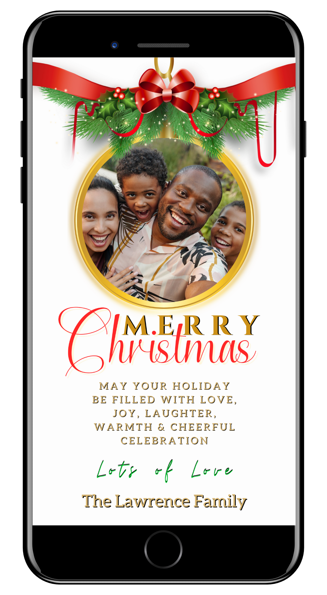 Cell phone displaying a Merry Christmas Greeting Ecard with a family photo, editable via Canva.