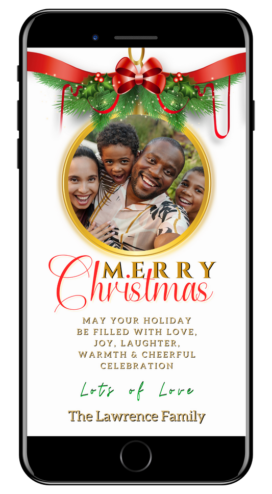 Cell phone displaying a Merry Christmas Greeting Ecard with a family photo, editable via Canva.