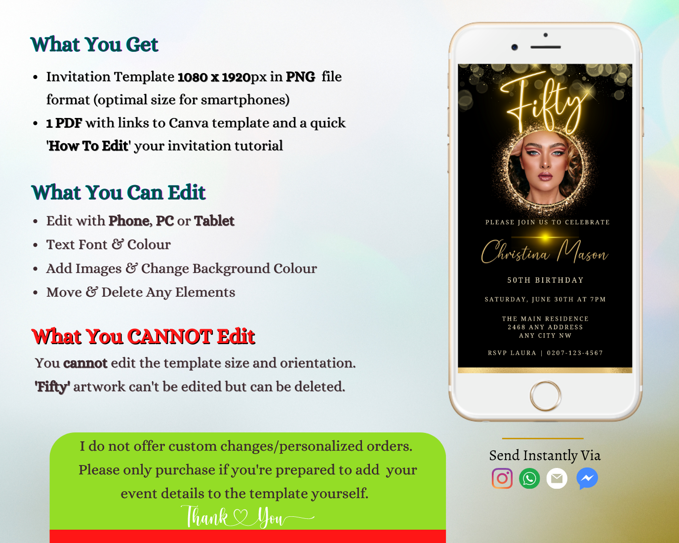 Customizable Digital Gold Neon Oval Photo Frame Evite for 50th Birthday, showcasing a woman's face, editable text, and gold accents on a smartphone screen.