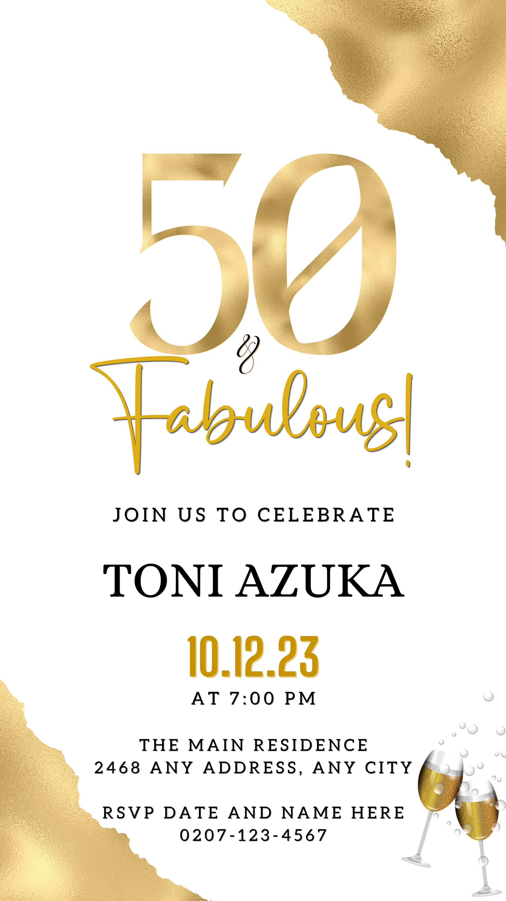 Gold White | 50 & Fabulous Party Evite, customizable digital invitation template on a white and gold background for smartphones, editable via Canva.