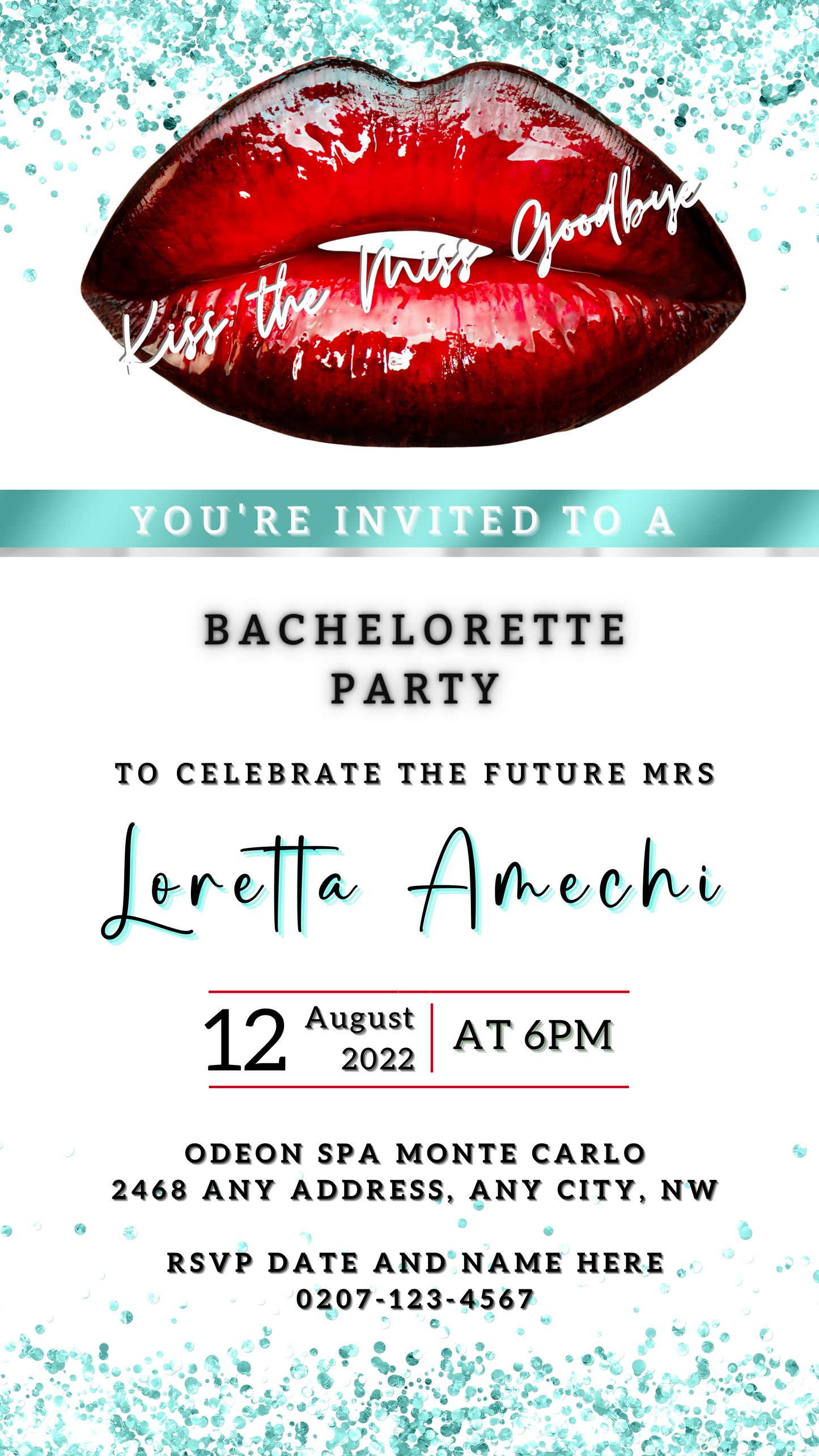 Close-up of customizable digital invitation featuring red lips, part of Red Hot Lips White Teal Glitter Bachelorette Party Evite from URCordiallyInvited.