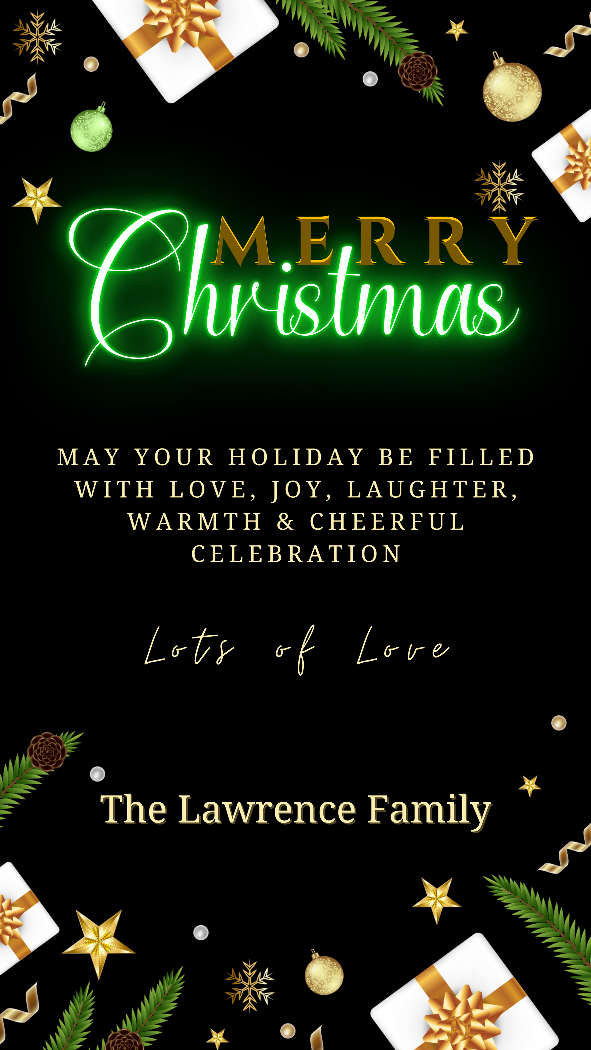 Green Neon Ornaments & Presents | Merry Christmas Ecard featuring editable text, gold bow, and holiday designs for customizable digital invitations via Canva.