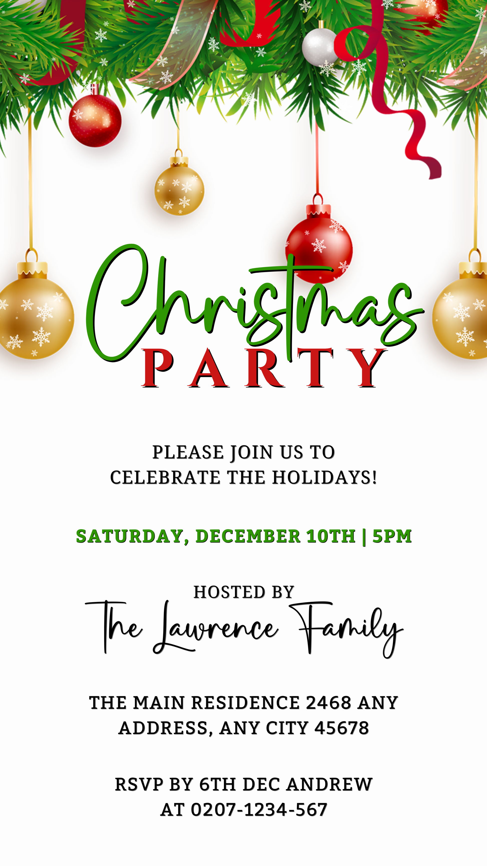 Editable Digital Christmas Party Invitation with white, red, gold, and green ornaments, customizable via Canva for smartphone use, featuring text and holiday decorations.