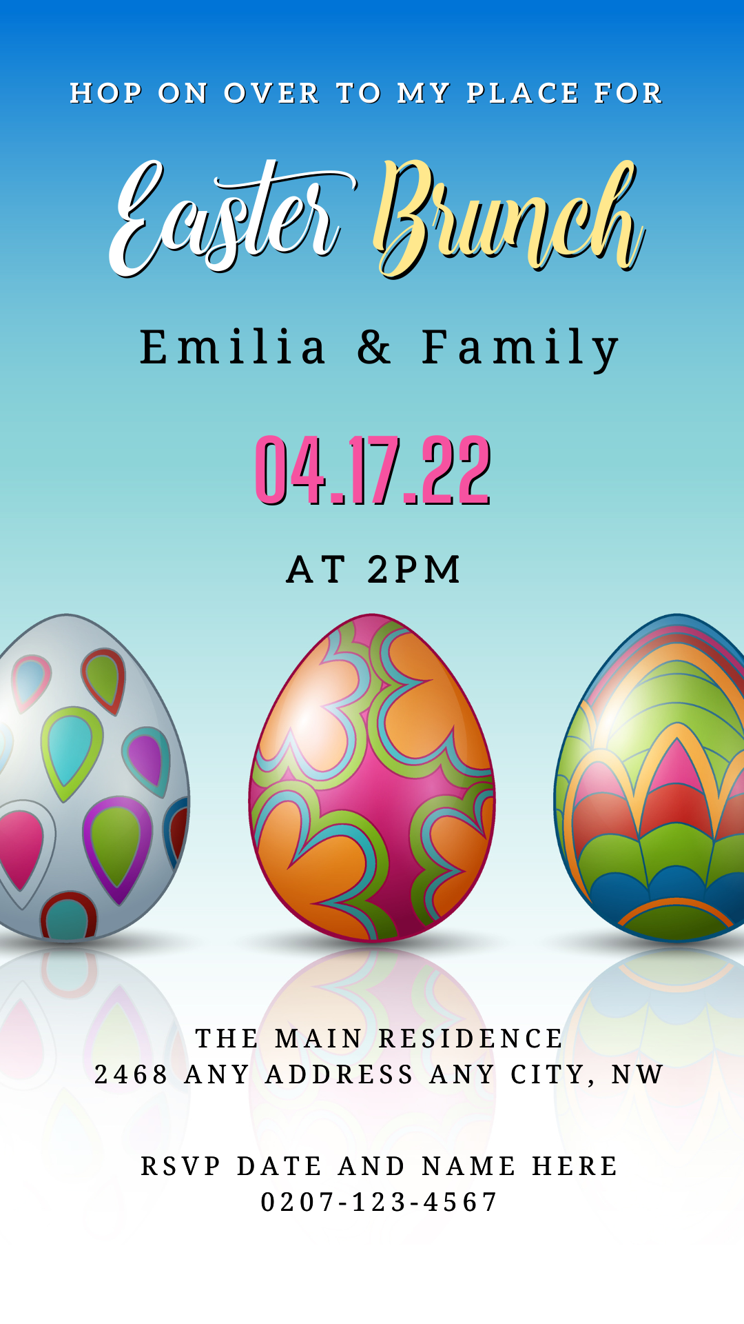 Retro Colourful Easter Eggs | Easter Brunch Party Evite template with various designed eggs, editable via Canva for personalized digital invitations.