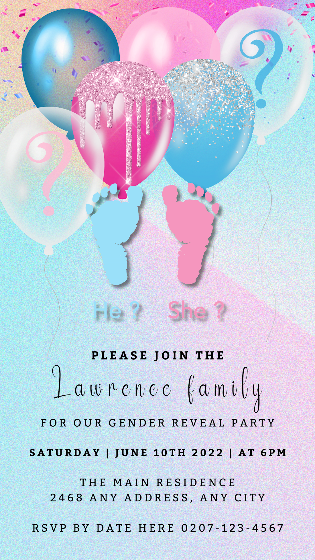 Baby Feet Floating Balloons Gender Reveal Evite showcasing customizable digital invitations with baby feet and festive balloons for gender reveal events.