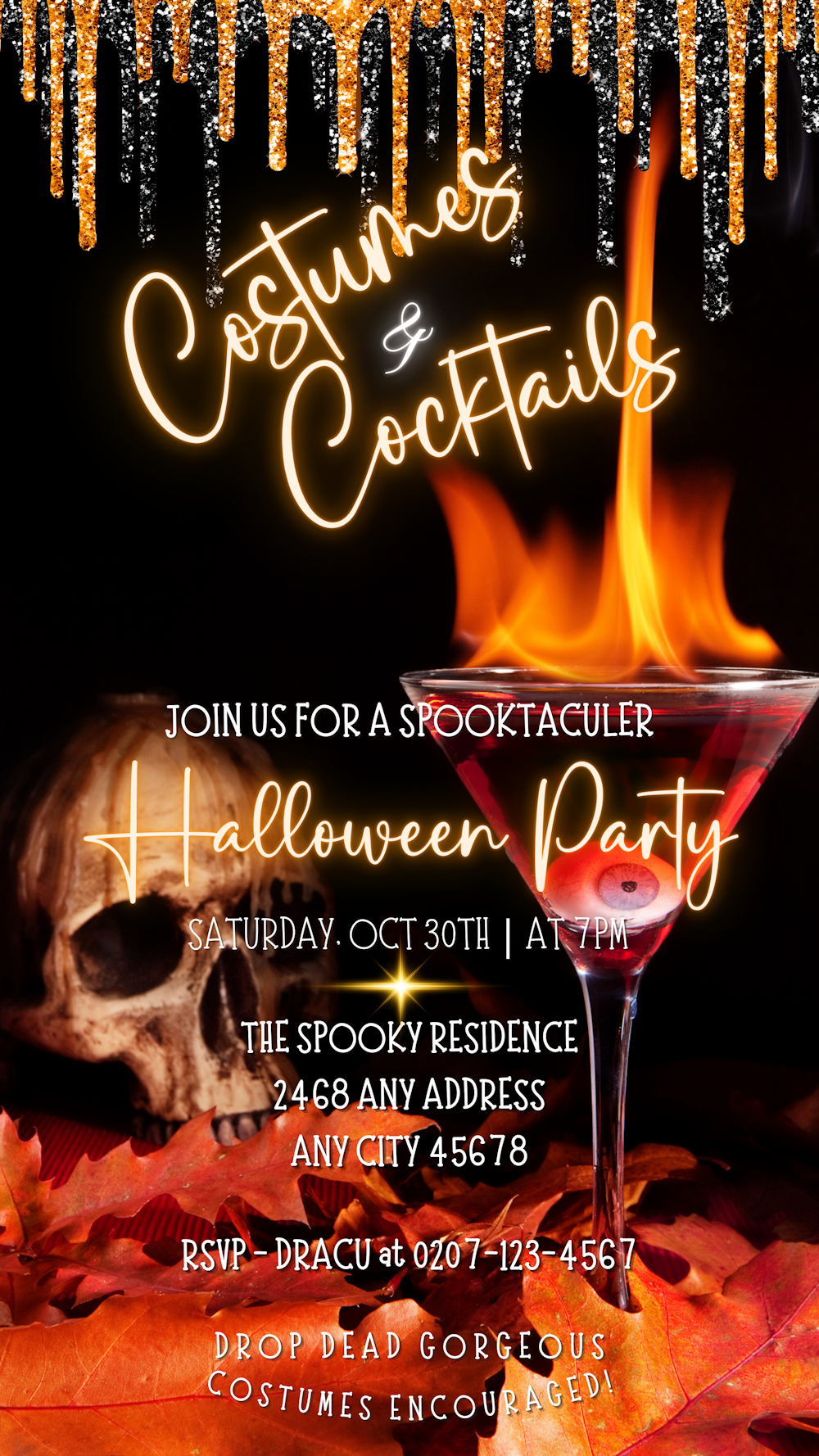 Flaming Skull Costumes & Cocktails digital Halloween party invitation featuring a cocktail glass with a skull motif and a red liquid.