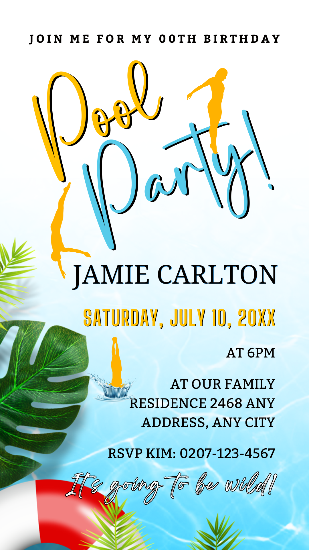 Summer Pool Party | Digital Invitation featuring a jumping person and leaf, customizable via Canva for smartphone sharing.