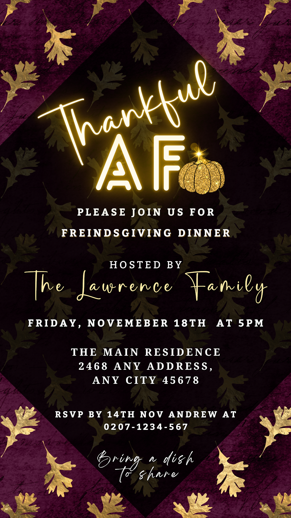 Purple and gold Thanksgiving evite featuring maroon and gold falling leaves with customizable text, font style, and color options through Canva.