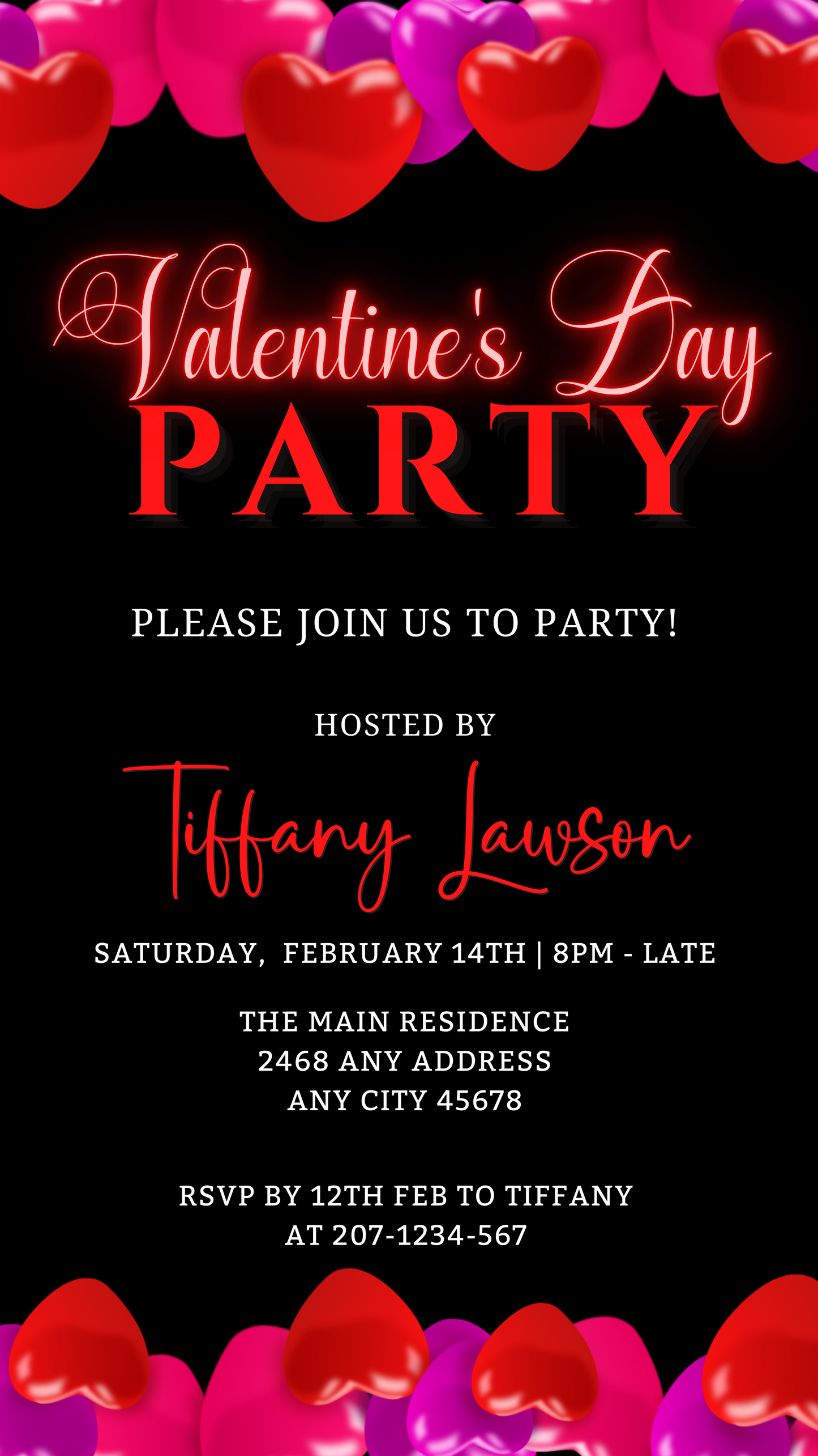 Black Pink Red Hearts Valentines Party Evite, featuring editable text and graphics for a customizable digital invitation template, viewable on smartphones.
