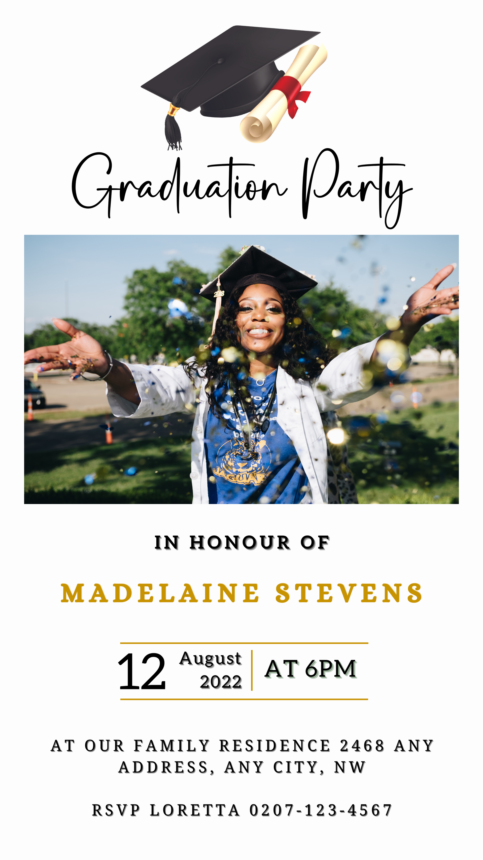 Woman in a graduation cap and gown joyfully throws confetti, celebrating with a black and gold digital invitation featuring a glittering cap design.