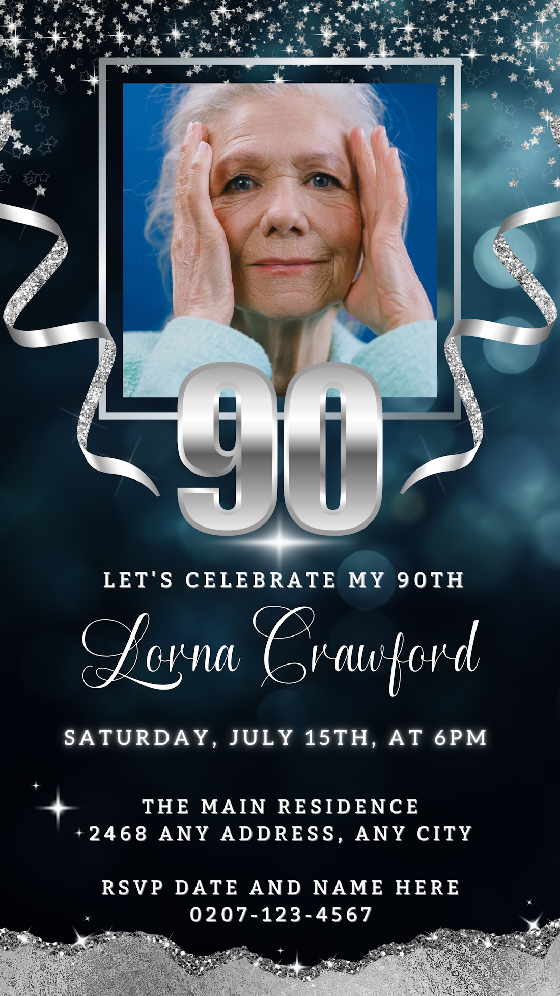 Digital navy blue and silver glitter 90th birthday evite featuring a customizable template with a smiling woman, silver elements, and editable text.