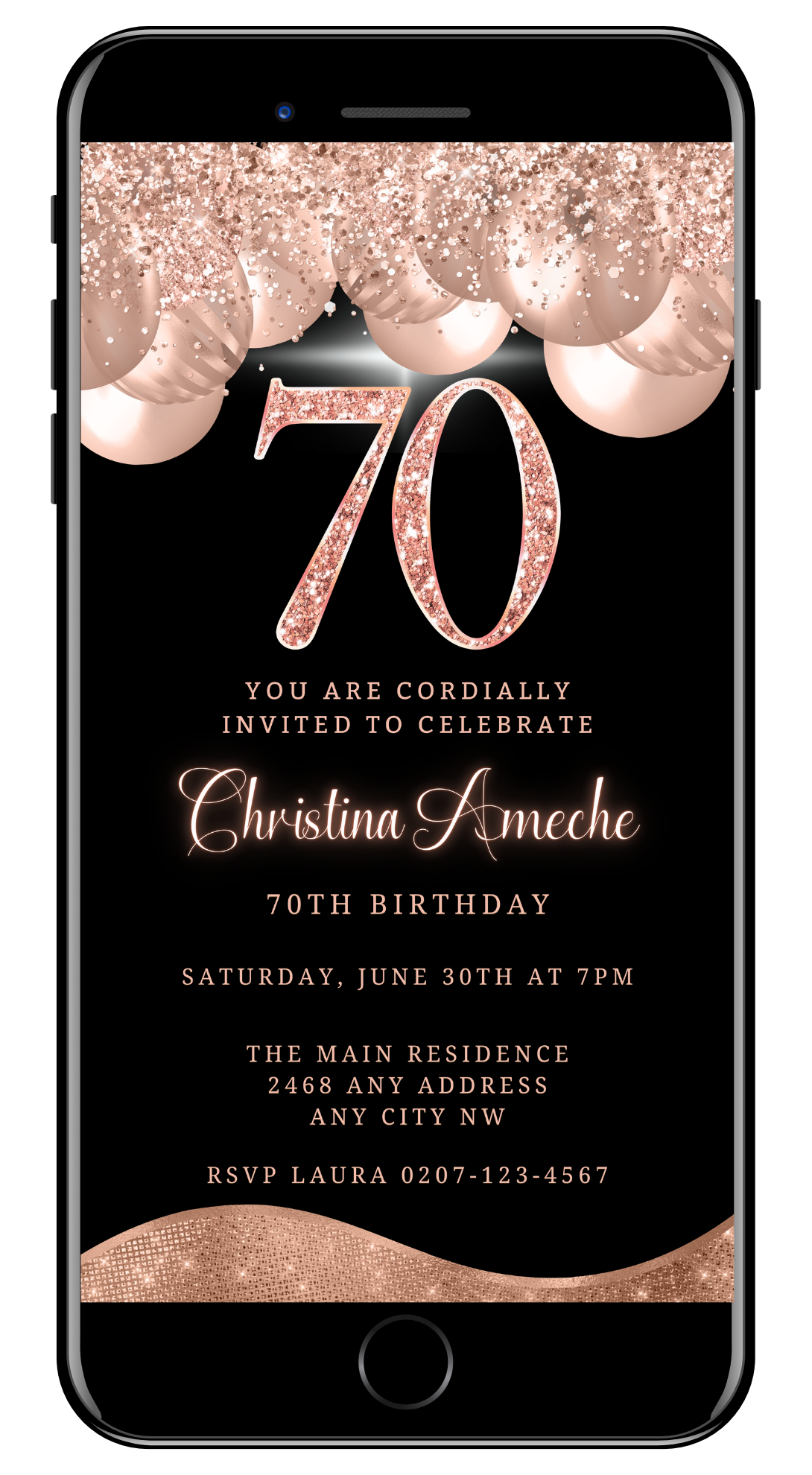 Customizable 70th birthday evite displaying pink glitter balloons on a black background, designed for smartphones, editable via Canva, ideal for digital invitations.