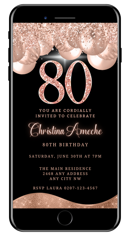 Black and gold digital invitation with pink and gold balloons for a customizable 80th birthday evite, featuring editable text and glitter number graphics.