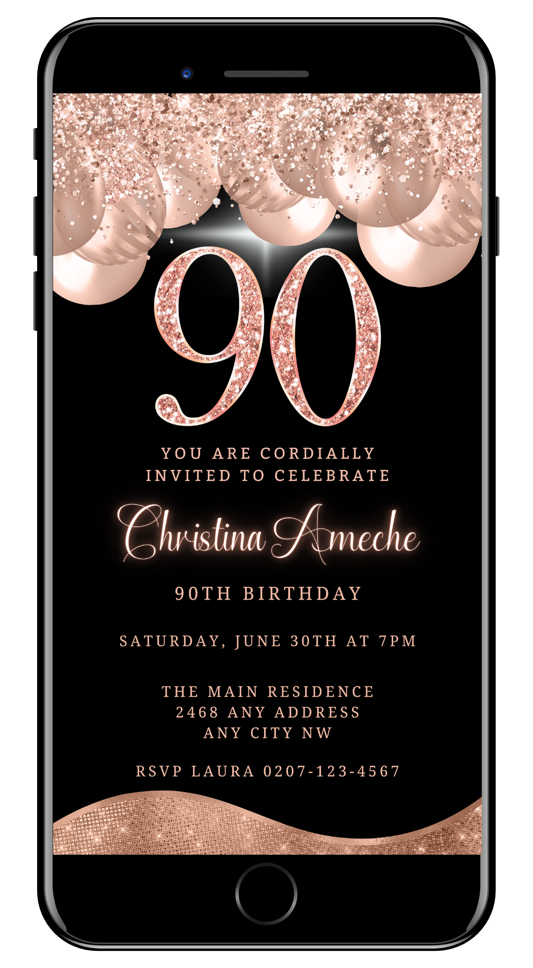 Customizable Rose Gold Balloons Glitter 90th Birthday Evite screenshot showcasing editable text and design elements for digital invitations.