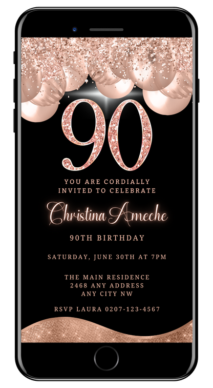 Customizable Rose Gold Balloons Glitter 90th Birthday Evite screenshot showcasing editable text and design elements for digital invitations.