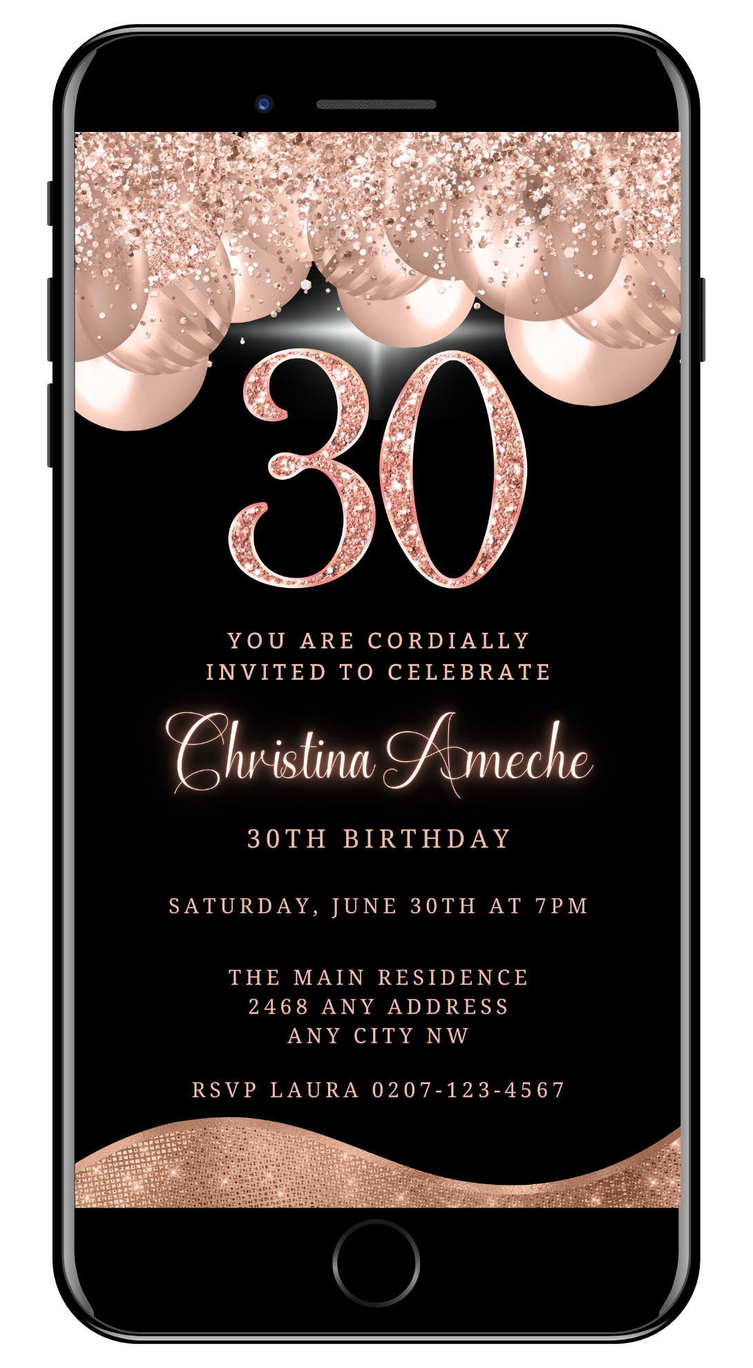 Customizable digital invitation titled Rose Gold Balloons Glitter | 30th Birthday Evite featuring black and gold design with pink and gold balloons, editable via Canva.