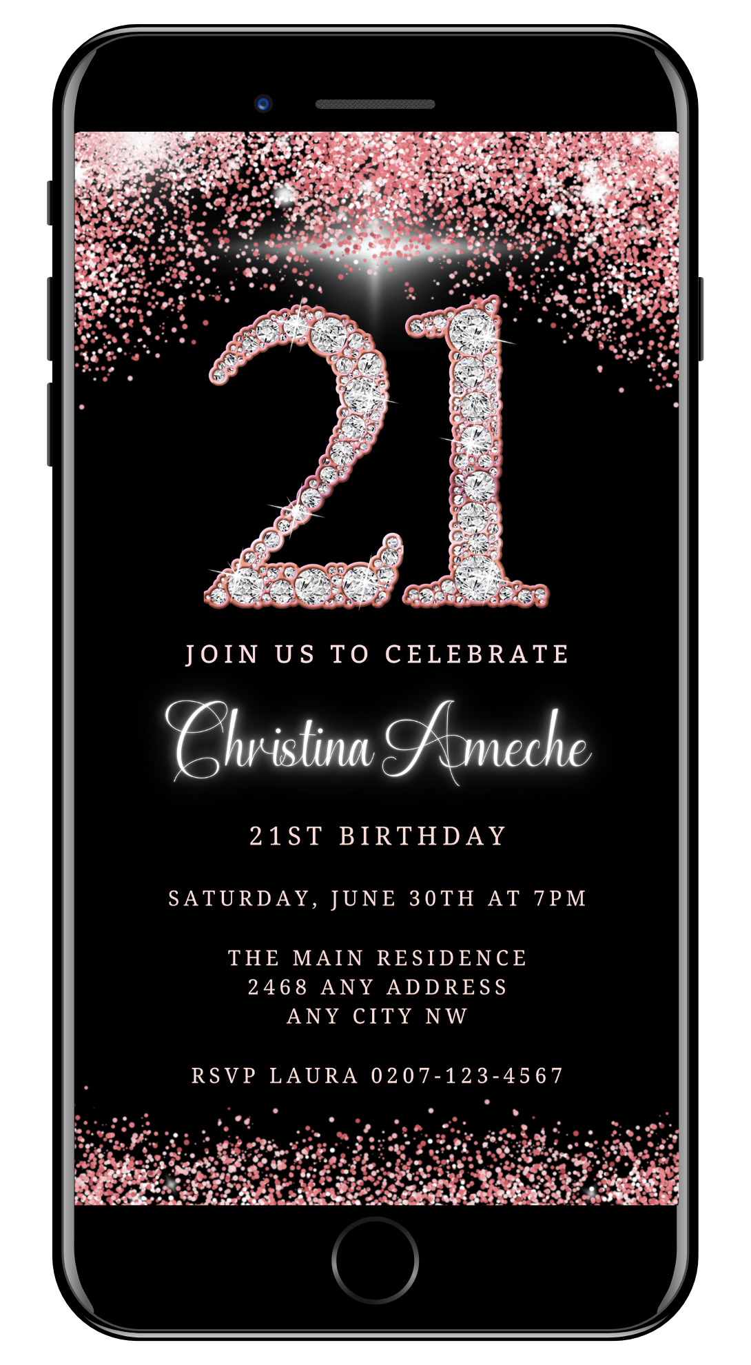 Rose Gold Glitter Diamond 21st Birthday Evite displayed on a smartphone screen, showcasing customizable text and design elements for a personalized digital invitation.