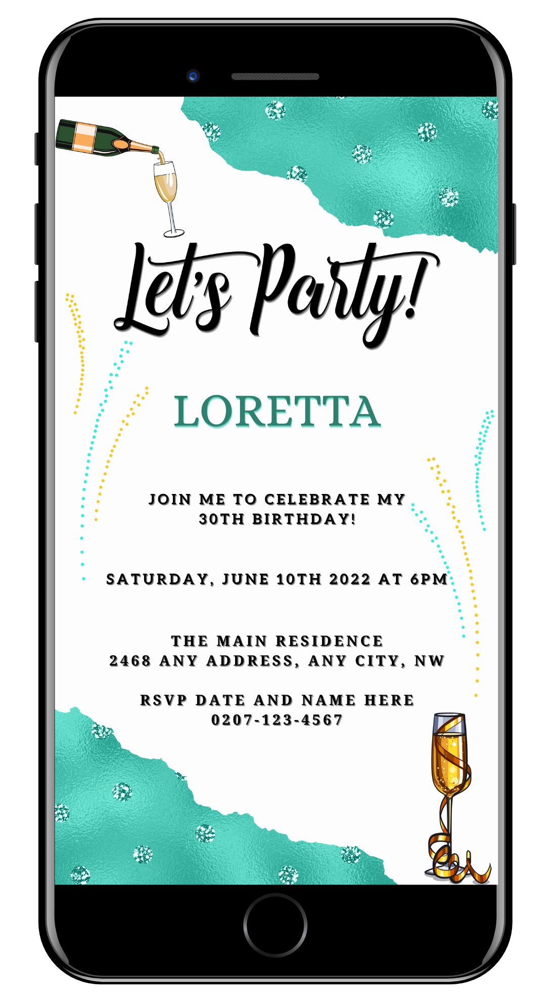 Smartphone displaying editable White Teal Diamond Sparkle Customisable Party Evite template with a glass of champagne.