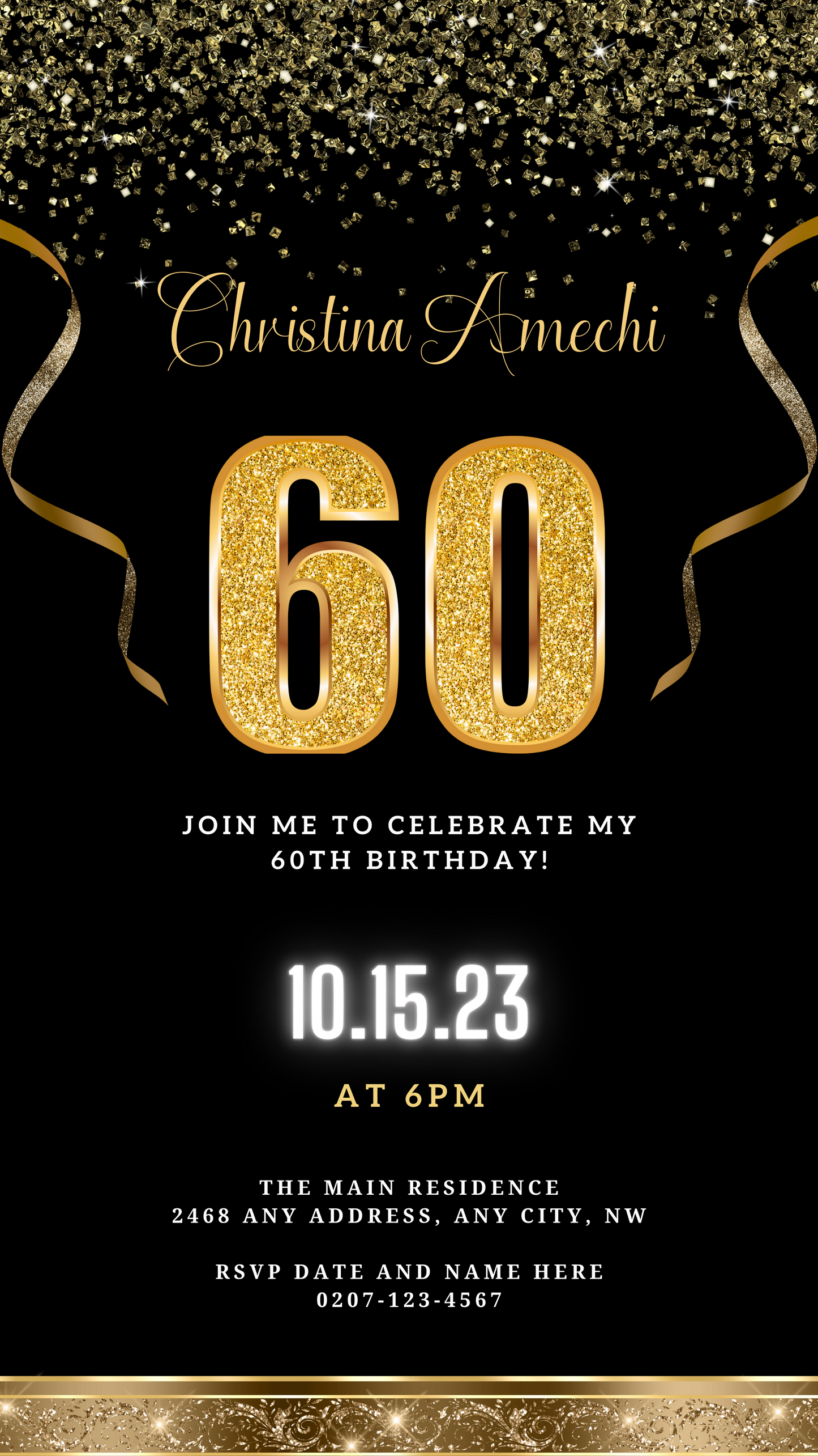 Black Gold Confetti 60th Birthday Evite with customizable gold text and ribbons, ideal for digital invitations via smartphone, editable in Canva.