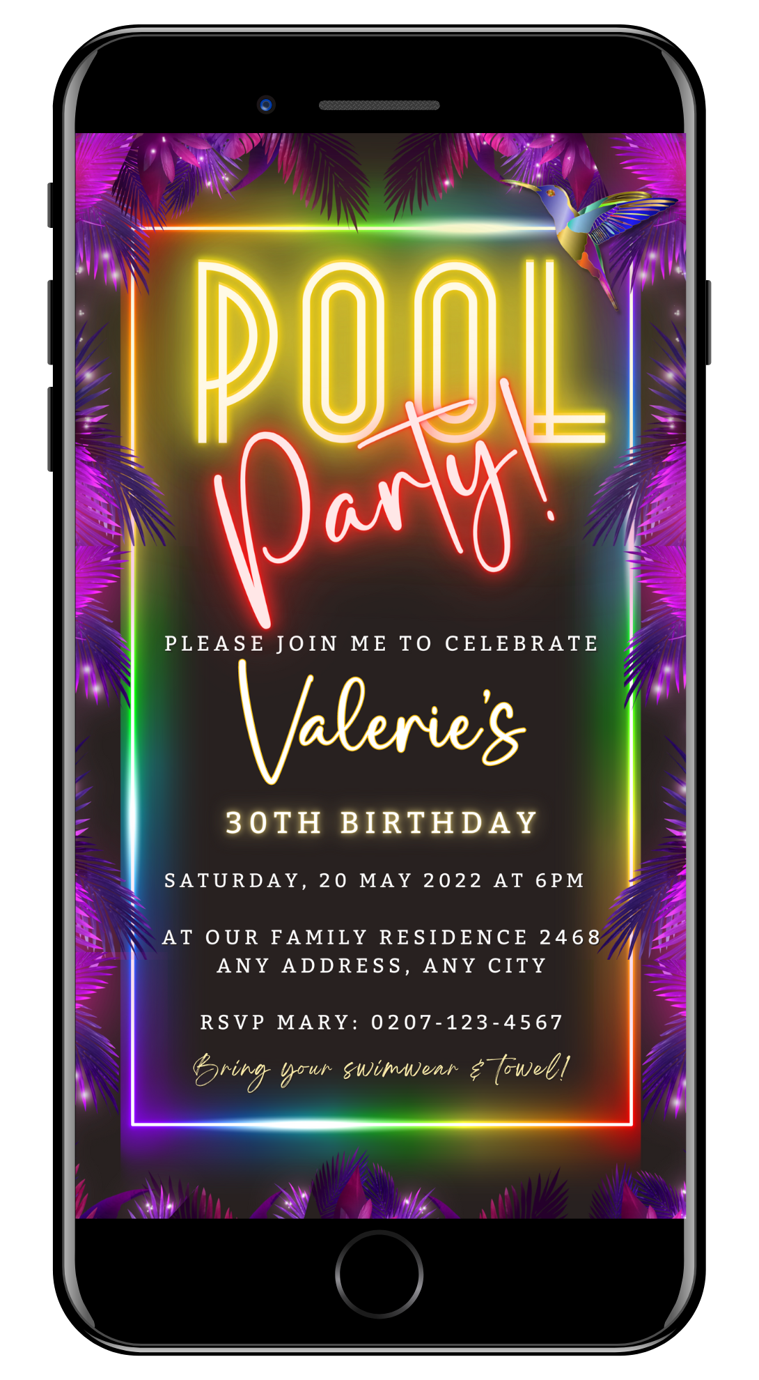 Tropical Neon Pool Party digital invite displayed on a smartphone screen, featuring customizable neon text and palm leaves for event details.